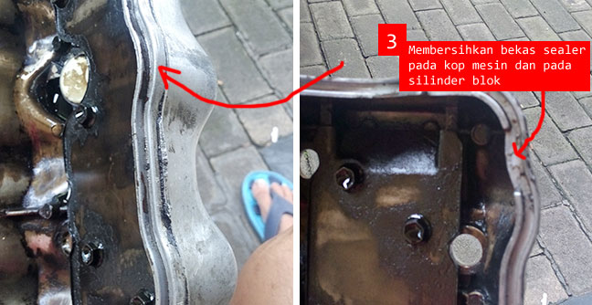 Membersihkan bekas sealer pada kop dan silinder kop dengan silet dan amplas